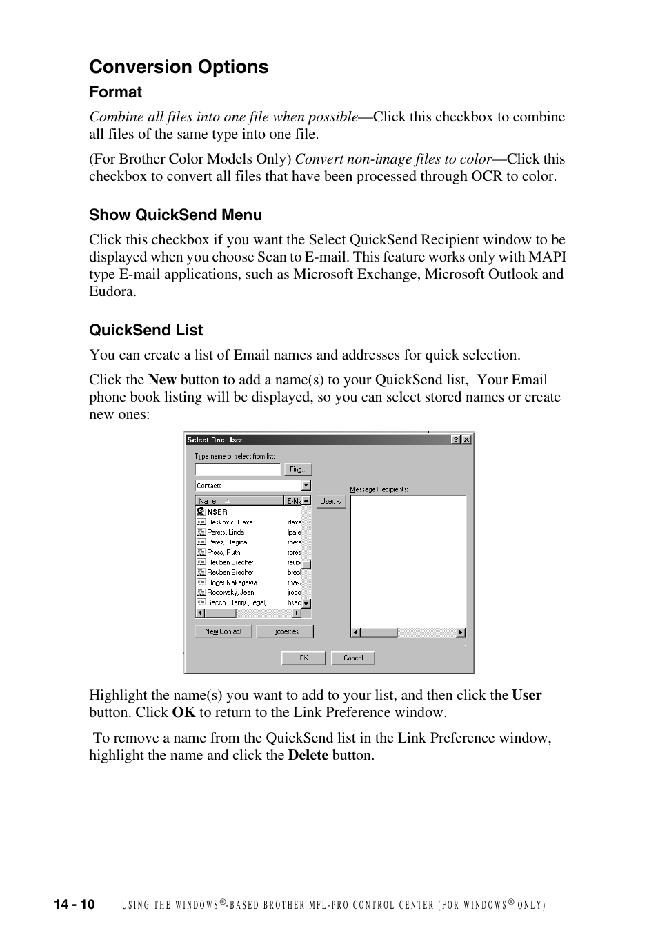 Conversion options, Format, Show quicksend menu | Quicksend list, Conversion options -10, Format -10 show quicksend menu -10, Quicksend list -10 | Brother MFC-6800 User Manual | Page 130 / 222