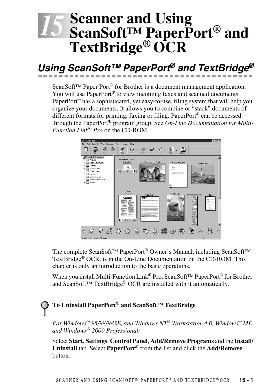 Using scansoft™ paperport® and textbridge, Scanner and using scansoft™ paperport, Textbridge | Ocr -1, Using scansoft™ paperport, And textbridge | Brother MFC-6800 User Manual | Page 137 / 222