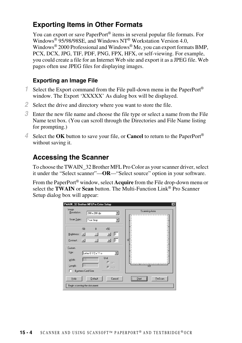 Exporting items in other formats, Exporting an image file, Accessing the scanner | Exporting items in other formats -4, Exporting an image file -4, Accessing the scanner -4 | Brother MFC-6800 User Manual | Page 140 / 222