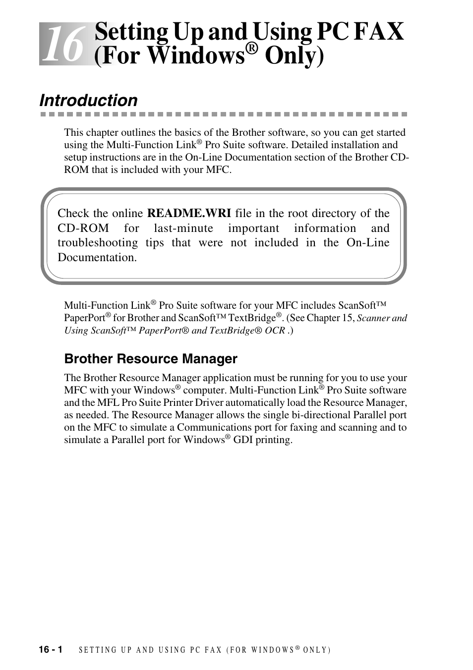 16 setting up and using pc fax (for windows® only), Introduction, Brother resource manager | Setting up and using pc fax (for windows, Only) -1, Introduction -1, Brother resource manager -1, Only) | Brother MFC-6800 User Manual | Page 144 / 222