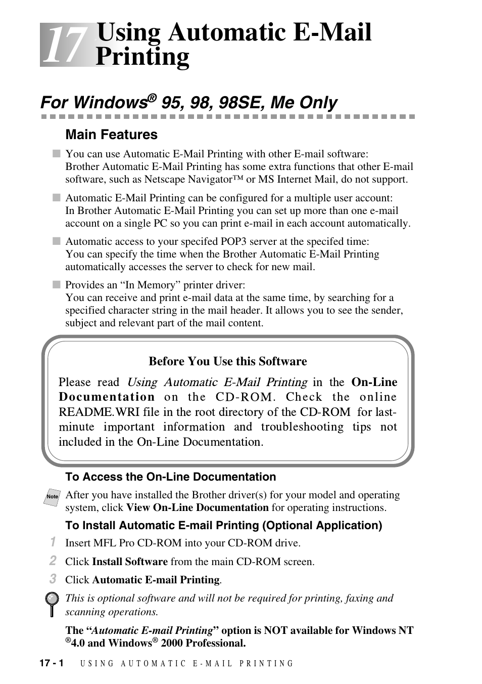 17 using automatic e-mail printing, For windows® 95, 98, 98se, me only, Main features | To access the on-line documentation, Using automatic e-mail printing -1, For windows, 95, 98, 98se, me only -1, Main features -1, Optional application) -1, Using automatic e-mail printing | Brother MFC-6800 User Manual | Page 160 / 222