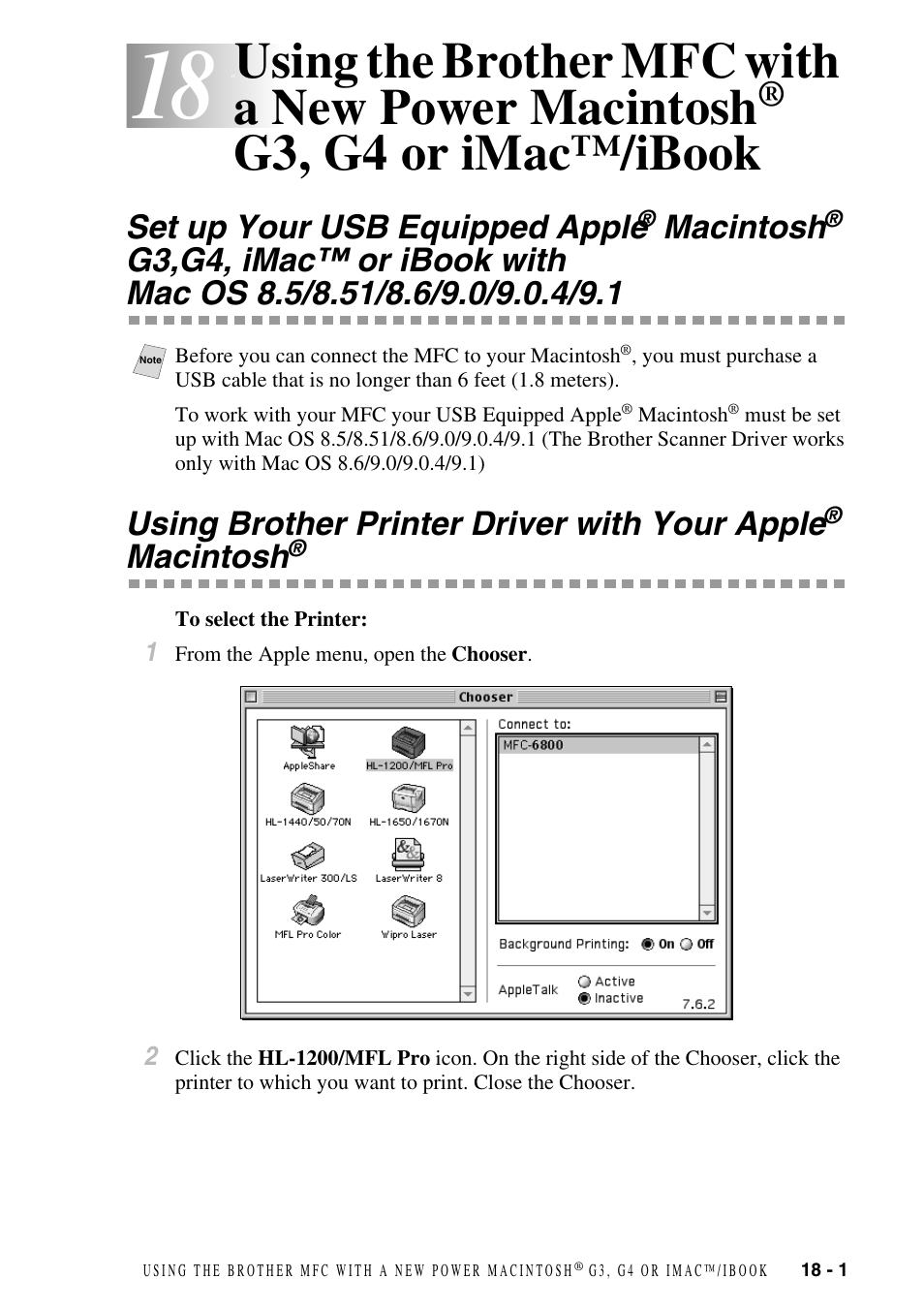 Using the brother mfc with a new power macintosh, G3, g4 or imac™/ibook -1, Set up your usb equipped apple | Macintosh, Using brother printer driver with your apple, G3, g4 or imac™/ibook | Brother MFC-6800 User Manual | Page 161 / 222