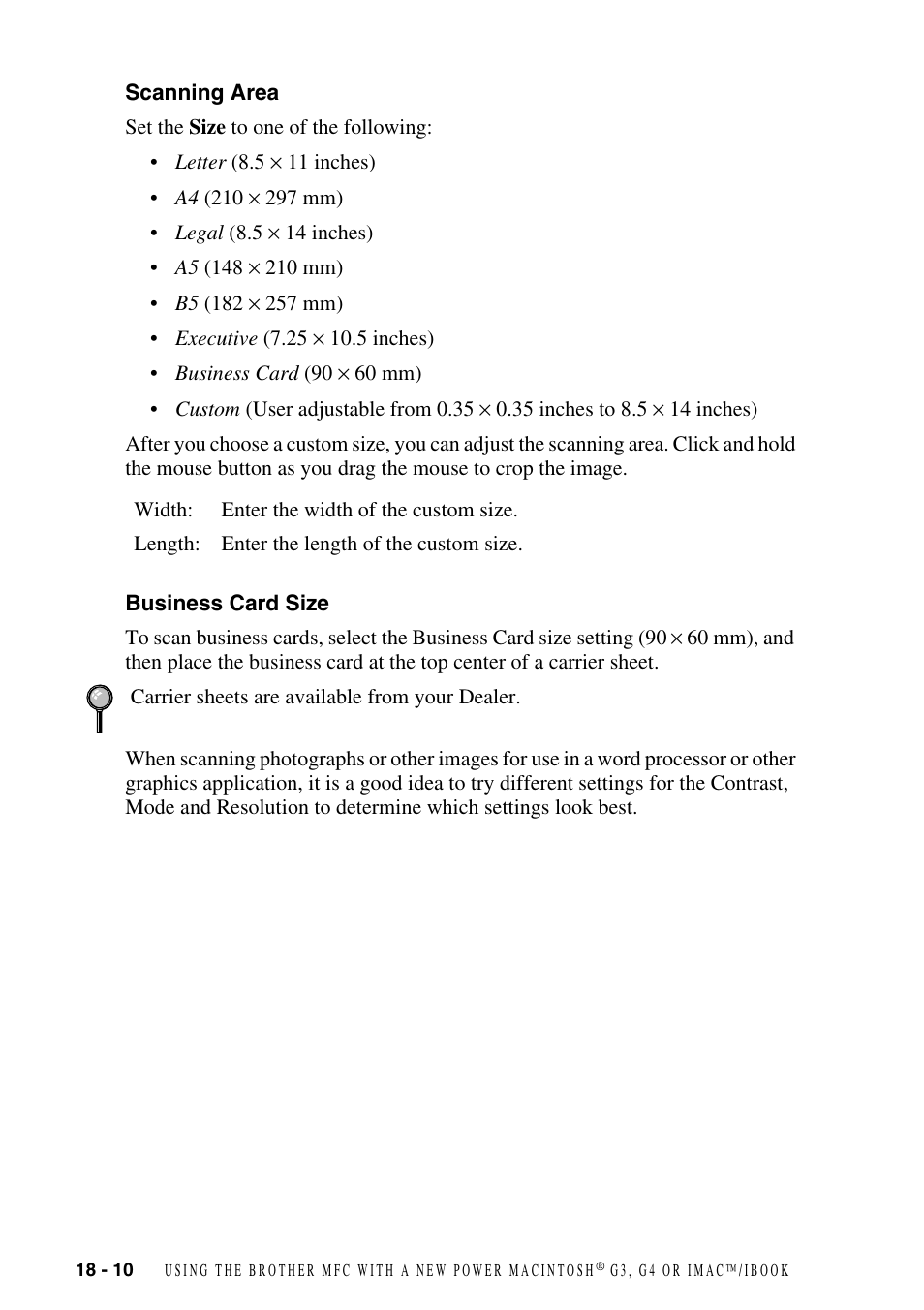 Scanning area, Business card size, Scanning area -10 business card size -10 | Brother MFC-6800 User Manual | Page 170 / 222