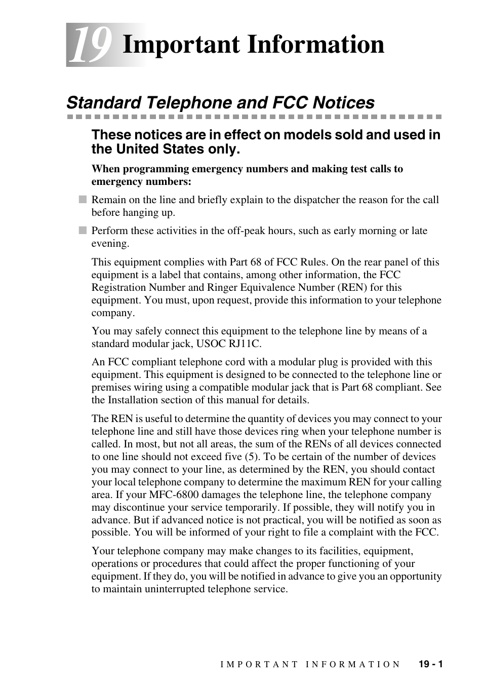 19 important information, Standard telephone and fcc notices, Important information -1 | Standard telephone and fcc notices -1, Important information | Brother MFC-6800 User Manual | Page 173 / 222