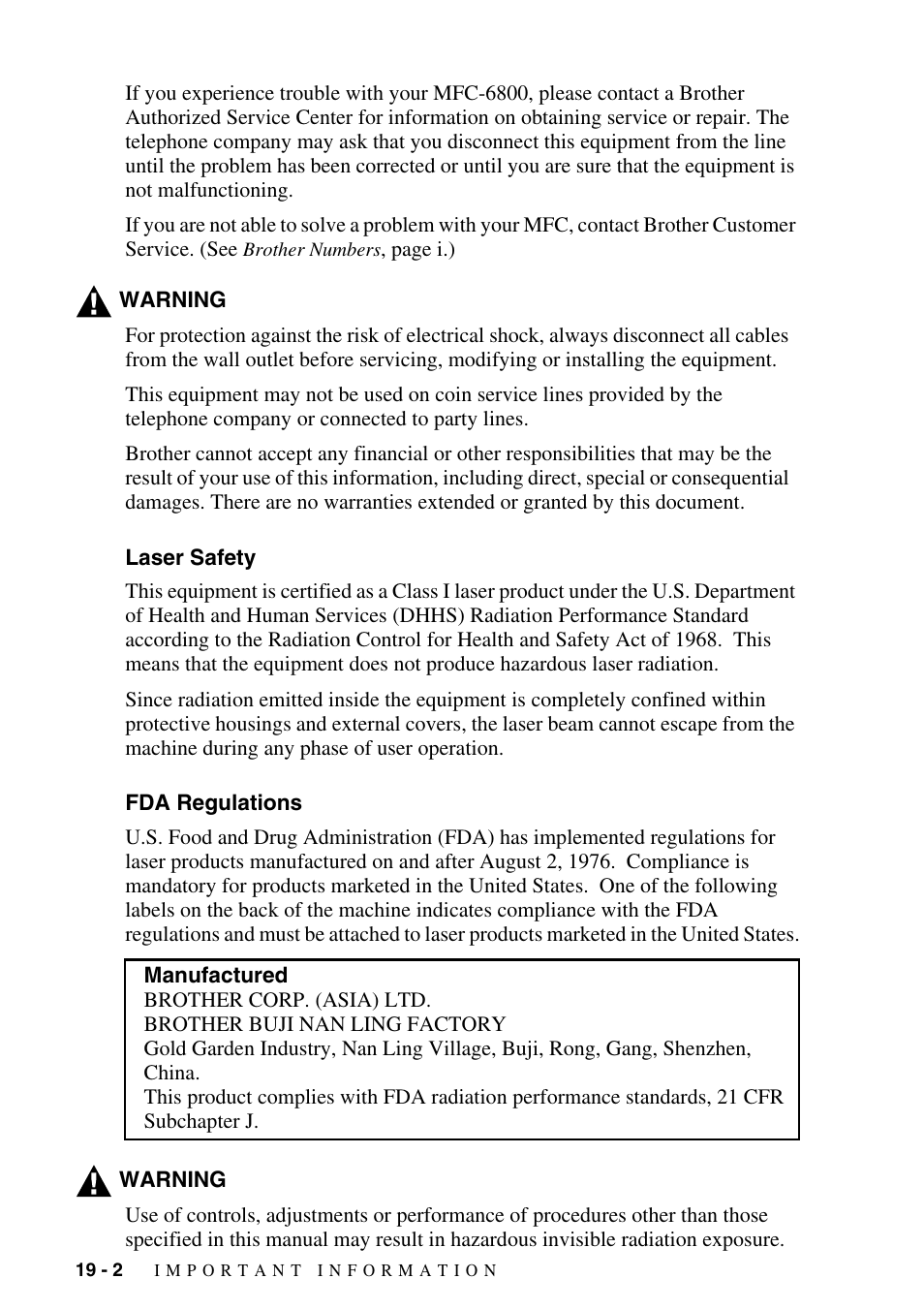 Laser safety, Fda regulations, Laser safety -2 fda regulations -2 | Brother MFC-6800 User Manual | Page 174 / 222