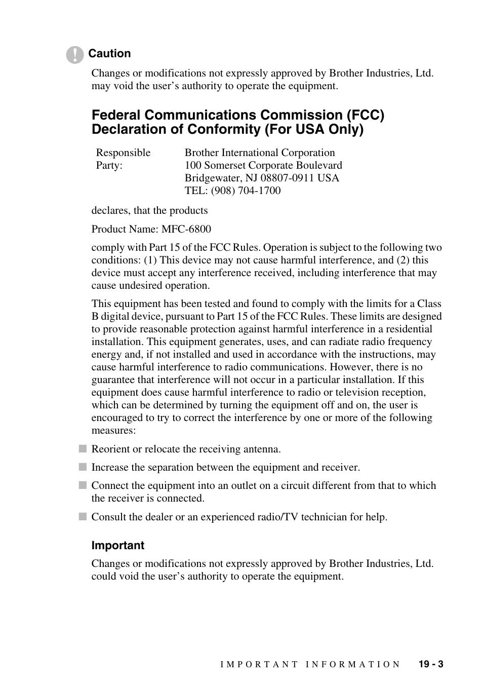 Important, Federal communications commission (fcc) | Brother MFC-6800 User Manual | Page 175 / 222