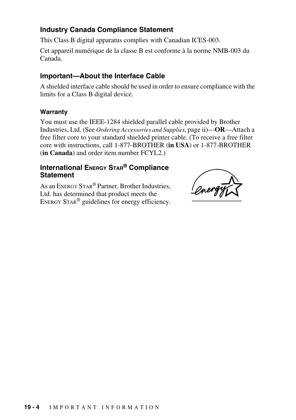 Industry canada compliance statement, Important—about the interface cable, Warranty | International energy star® compliance statement, Compliance statement -4 | Brother MFC-6800 User Manual | Page 176 / 222
