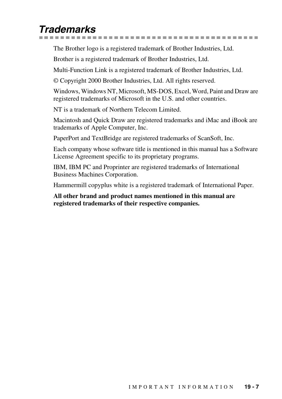 Trademarks, Trademarks -7 | Brother MFC-6800 User Manual | Page 179 / 222