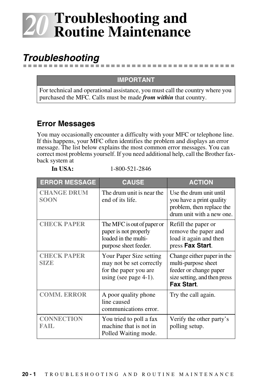 20 troubleshooting and routine maintenance, Troubleshooting, Error messages | Troubleshooting and routine maintenance -1, Troubleshooting -1, Error messages -1, See chapter 20, Troubleshooting and routine maintenance | Brother MFC-6800 User Manual | Page 180 / 222