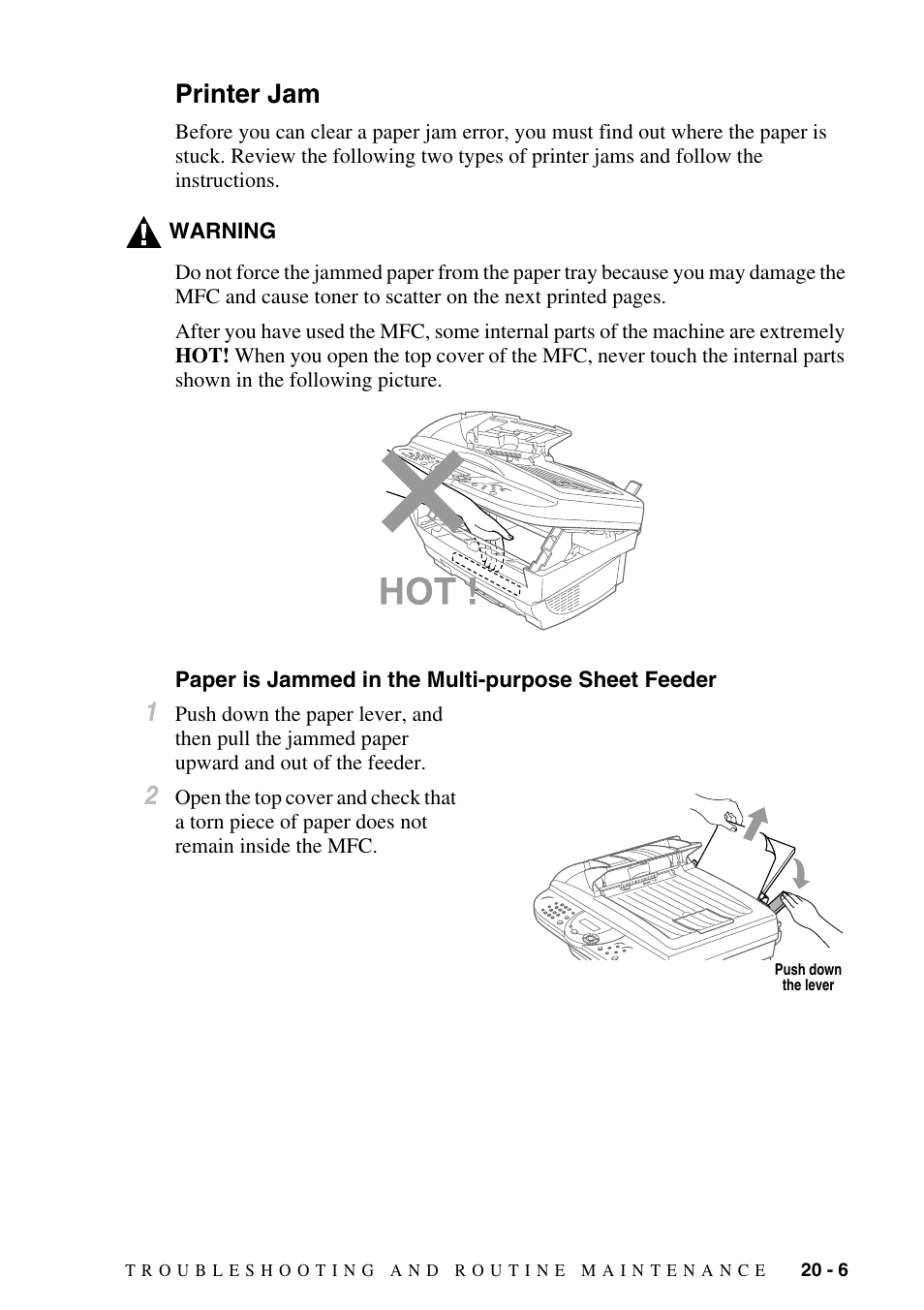 Printer jam, Paper is jammed in the multi-purpose sheet feeder, Printer jam -6 | To 20-6 | Brother MFC-6800 User Manual | Page 185 / 222