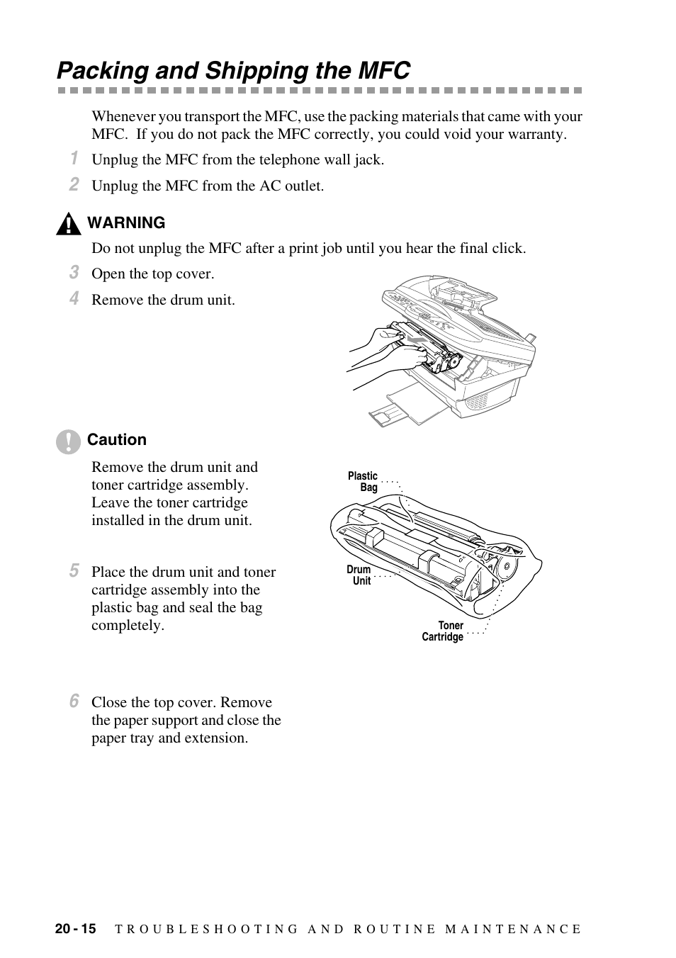 Packing and shipping the mfc, Packing and shipping the mfc -15 | Brother MFC-6800 User Manual | Page 194 / 222