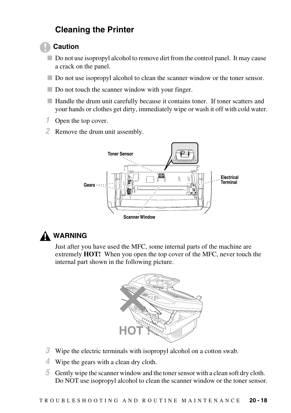 Cleaning the printer, Cleaning the printer -18, 18. also, do not use heat-sensitive paper as it | 18 and, Cleaning the, Printer | Brother MFC-6800 User Manual | Page 197 / 222