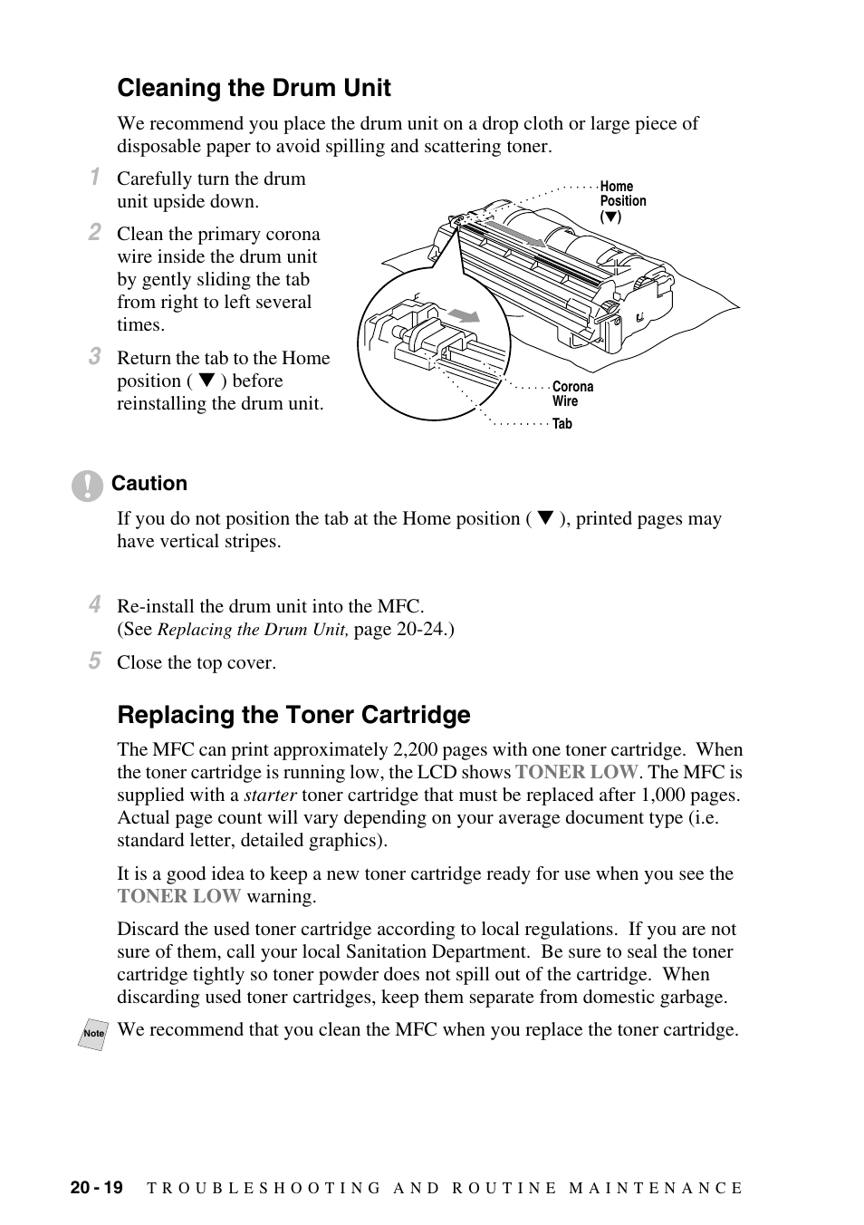 Cleaning the drum unit, Replacing the toner cartridge, To 20-19.) | Cleaning the drum, Unit, Cleaning the, Drum unit | Brother MFC-6800 User Manual | Page 198 / 222