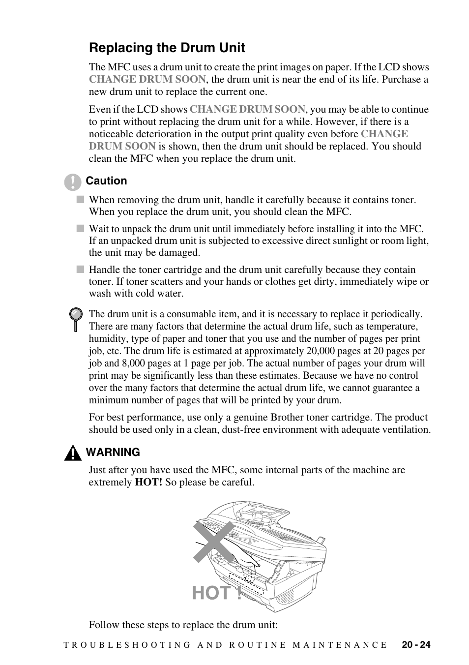 Replacing the drum unit, Replacing the drum unit -24 | Brother MFC-6800 User Manual | Page 203 / 222