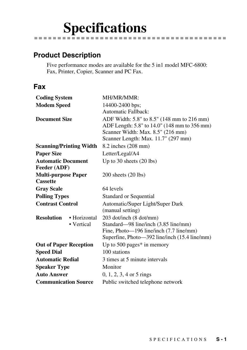 Specifications, Product description | Brother MFC-6800 User Manual | Page 211 / 222
