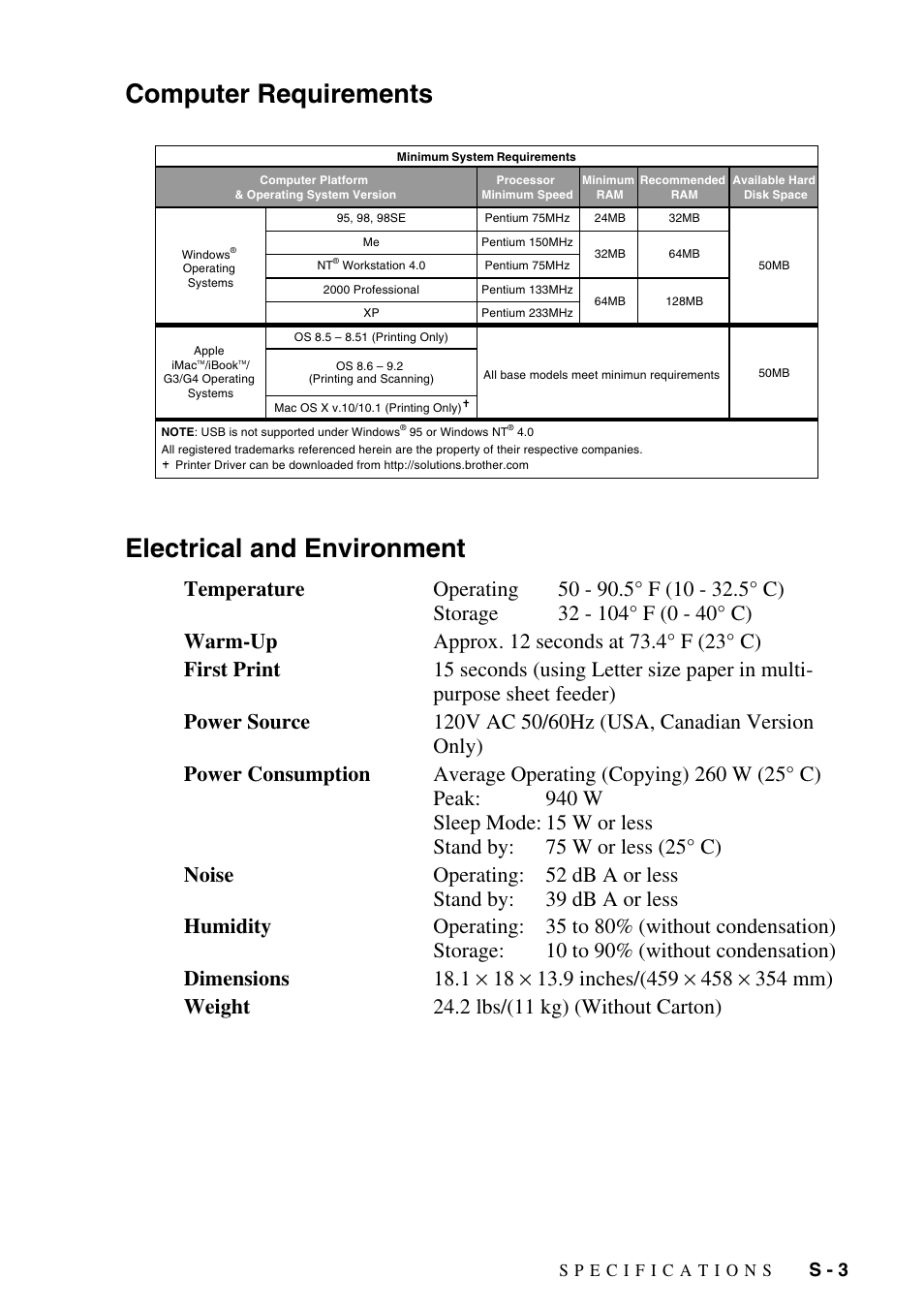 Computer requirements, Electrical and environment, Computer requirements electrical and environment | S - 3 | Brother MFC-6800 User Manual | Page 213 / 222