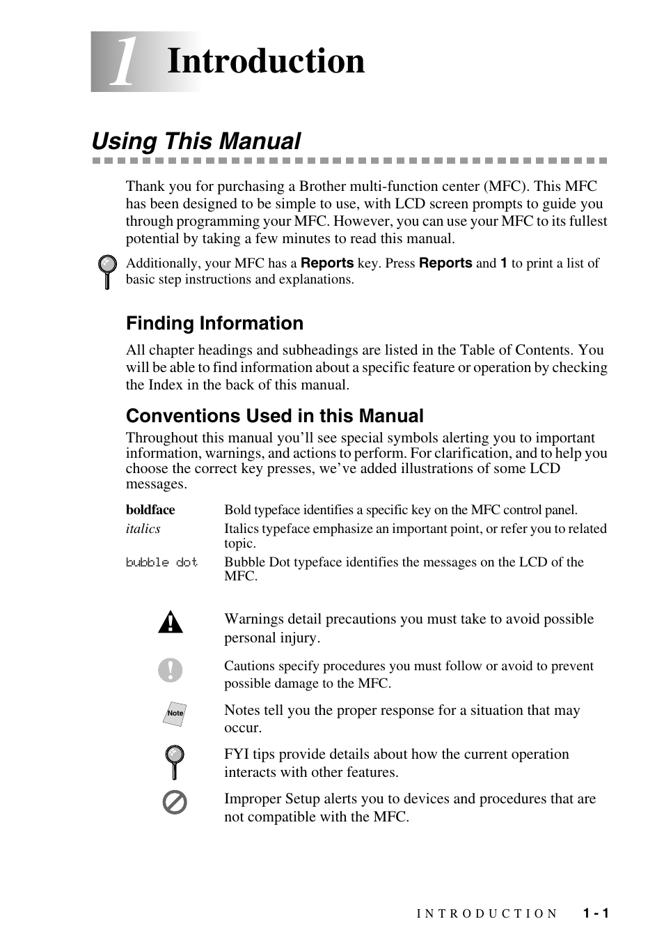 1 introduction, Using this manual, Finding information | Conventions used in this manual, Introduction -1, Using this manual -1, Introduction | Brother MFC-6800 User Manual | Page 23 / 222