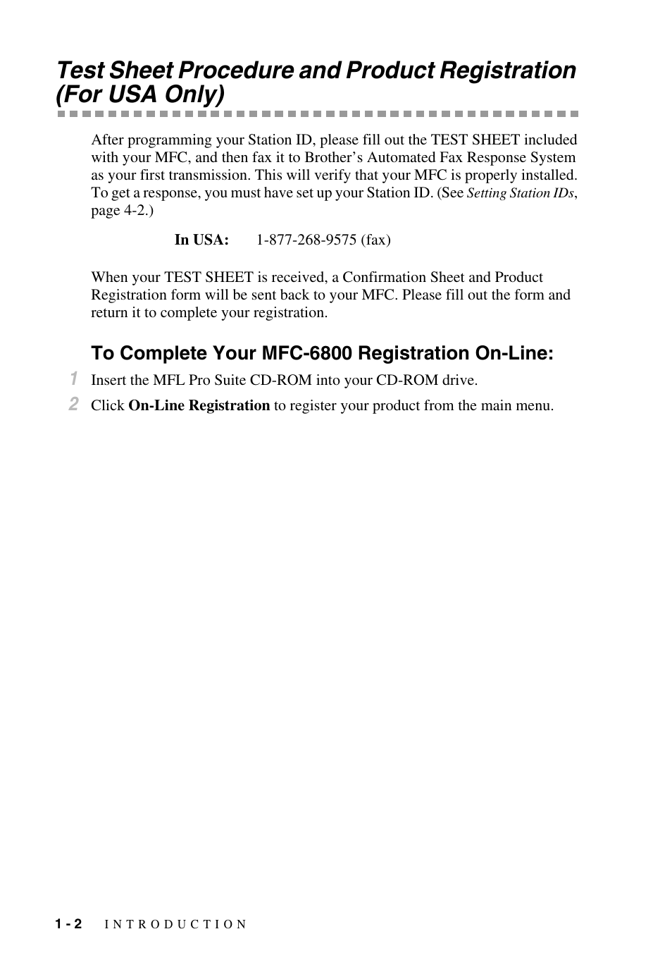 To complete your mfc-6800 registration on-line, Test sheet procedure and product registration, For usa only) -2 | To complete your mfc-6800 registration on-line: -2 | Brother MFC-6800 User Manual | Page 24 / 222