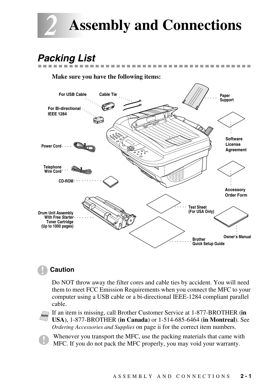 2 assembly and connections, Packing list, Assembly and connections -1 | Packing list -1, Assembly and connections | Brother MFC-6800 User Manual | Page 29 / 222