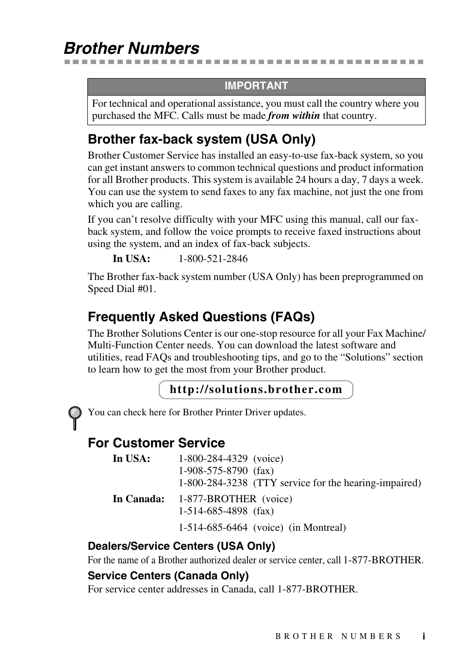 Brother numbers, Brother fax-back system (usa only), Frequently asked questions (faqs) | For customer service, Dealers/service centers (usa only), Service centers (canada only) | Brother MFC-6800 User Manual | Page 3 / 222