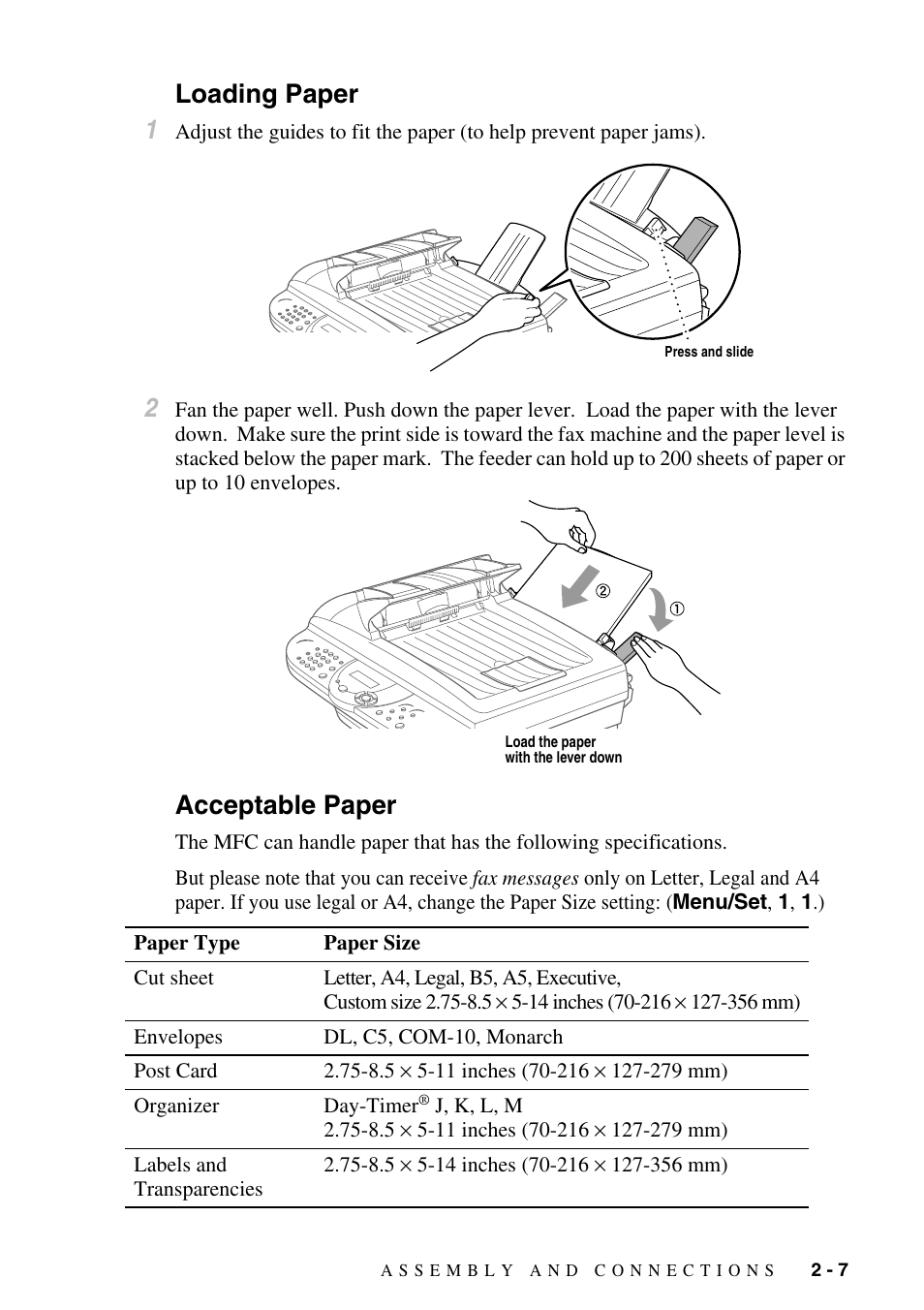 Loading paper, Acceptable paper, Loading paper -7 acceptable paper -7 | Loading paper 1 | Brother MFC-6800 User Manual | Page 35 / 222