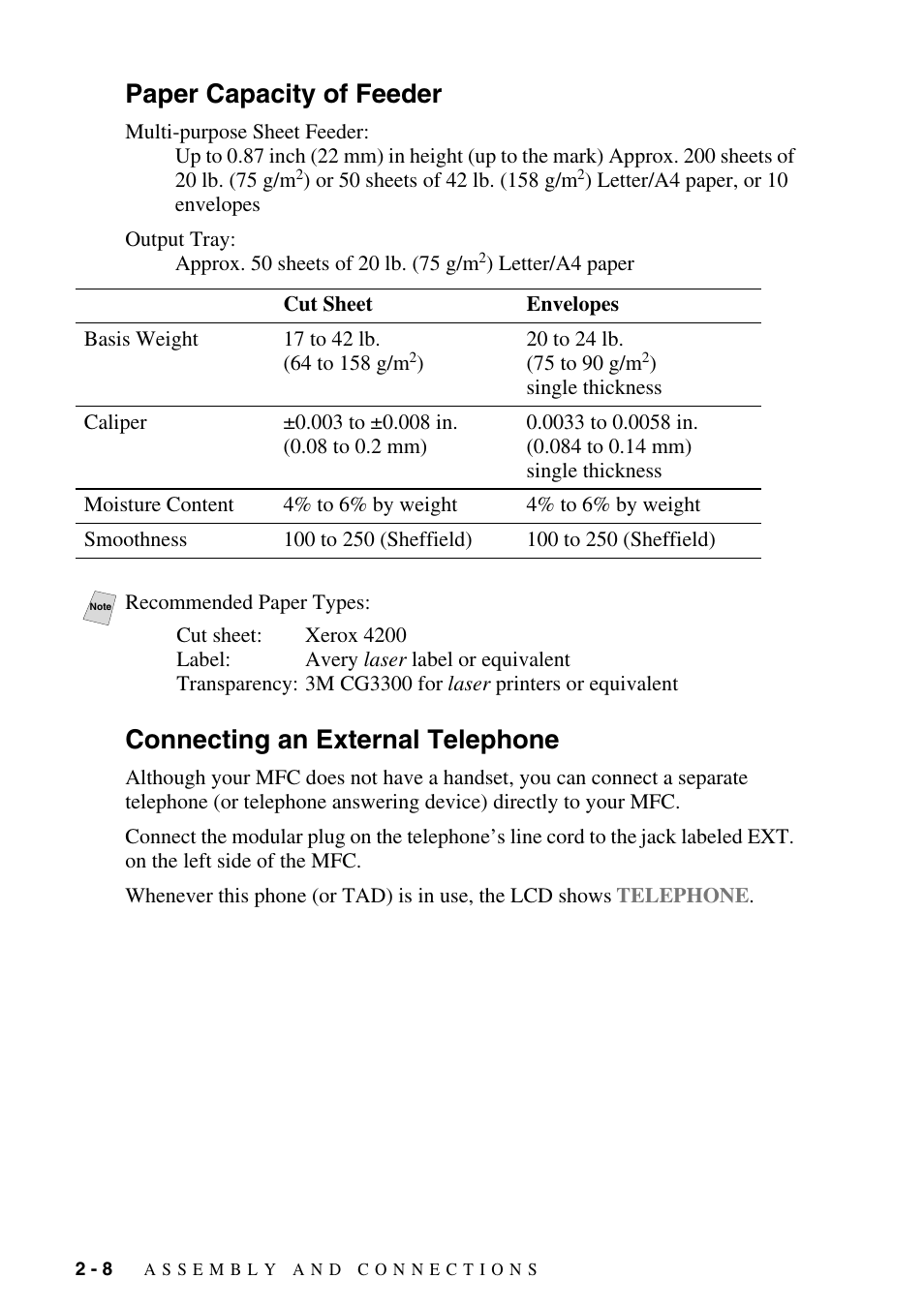 Paper capacity of feeder, Connecting an external telephone | Brother MFC-6800 User Manual | Page 36 / 222