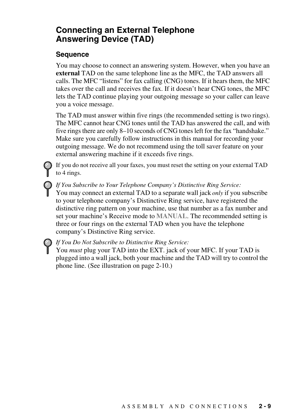 Sequence, Connecting an external telephone, Answering device (tad) -9 sequence -9 | Connecting an, External telephone answering device (tad) | Brother MFC-6800 User Manual | Page 37 / 222