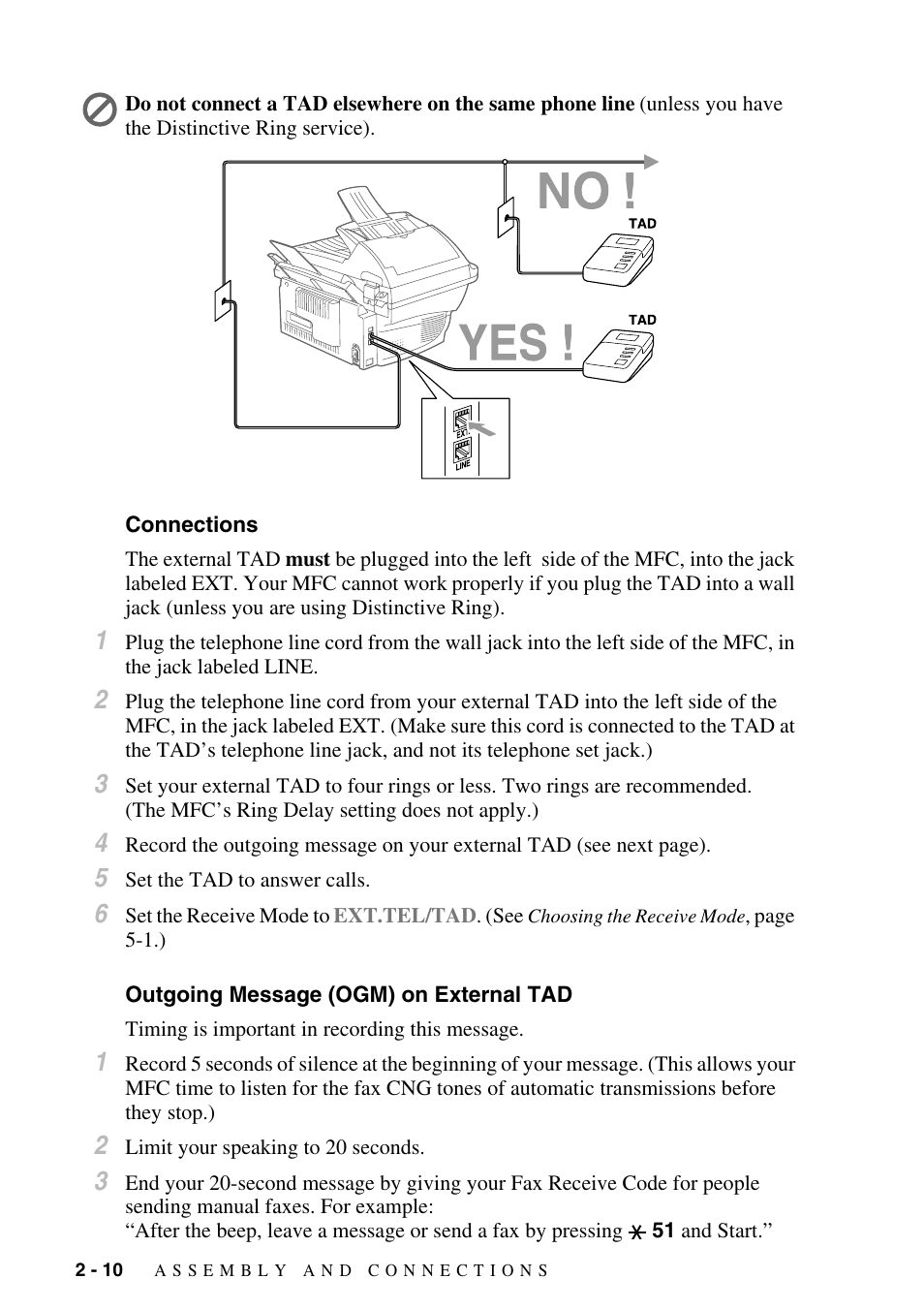 Connections, Outgoing message (ogm) on external tad | Brother MFC-6800 User Manual | Page 38 / 222