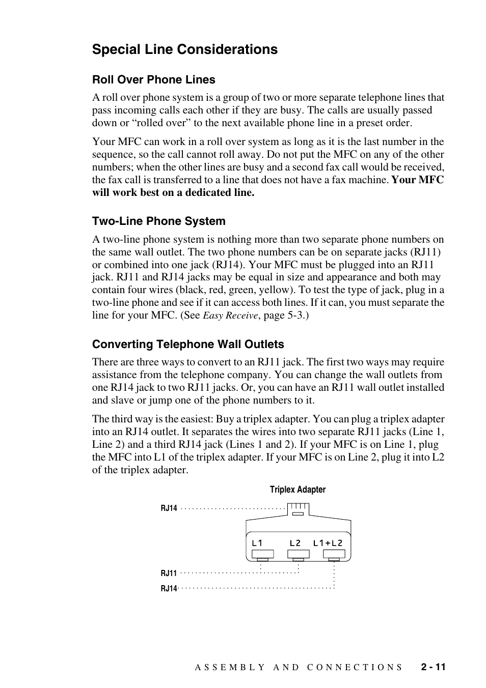 Special line considerations, Roll over phone lines, Two-line phone system | Converting telephone wall outlets, Special line considerations -11 | Brother MFC-6800 User Manual | Page 39 / 222