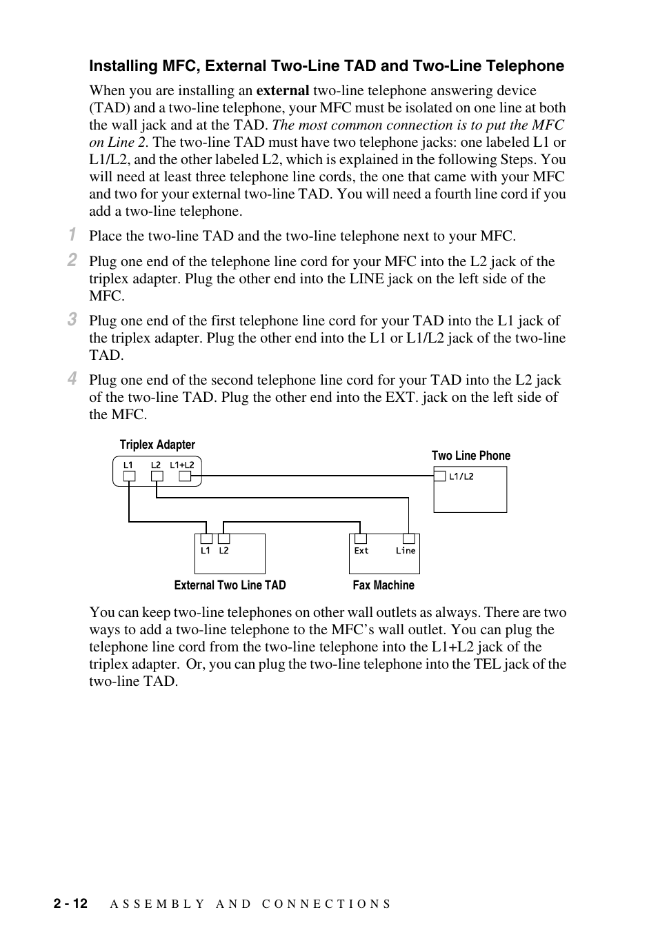 Installing mfc, external two-line tad and, Two-line telephone -12 | Brother MFC-6800 User Manual | Page 40 / 222