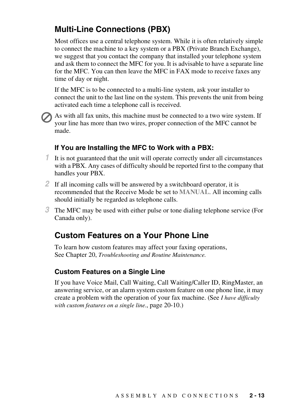 Multi-line connections (pbx), If you are installing the mfc to work with a pbx, Custom features on a your phone line | Custom features on a single line, Multi-line connections (pbx) -13, Custom features on a your phone line -13, Custom features on a single line -13 | Brother MFC-6800 User Manual | Page 41 / 222