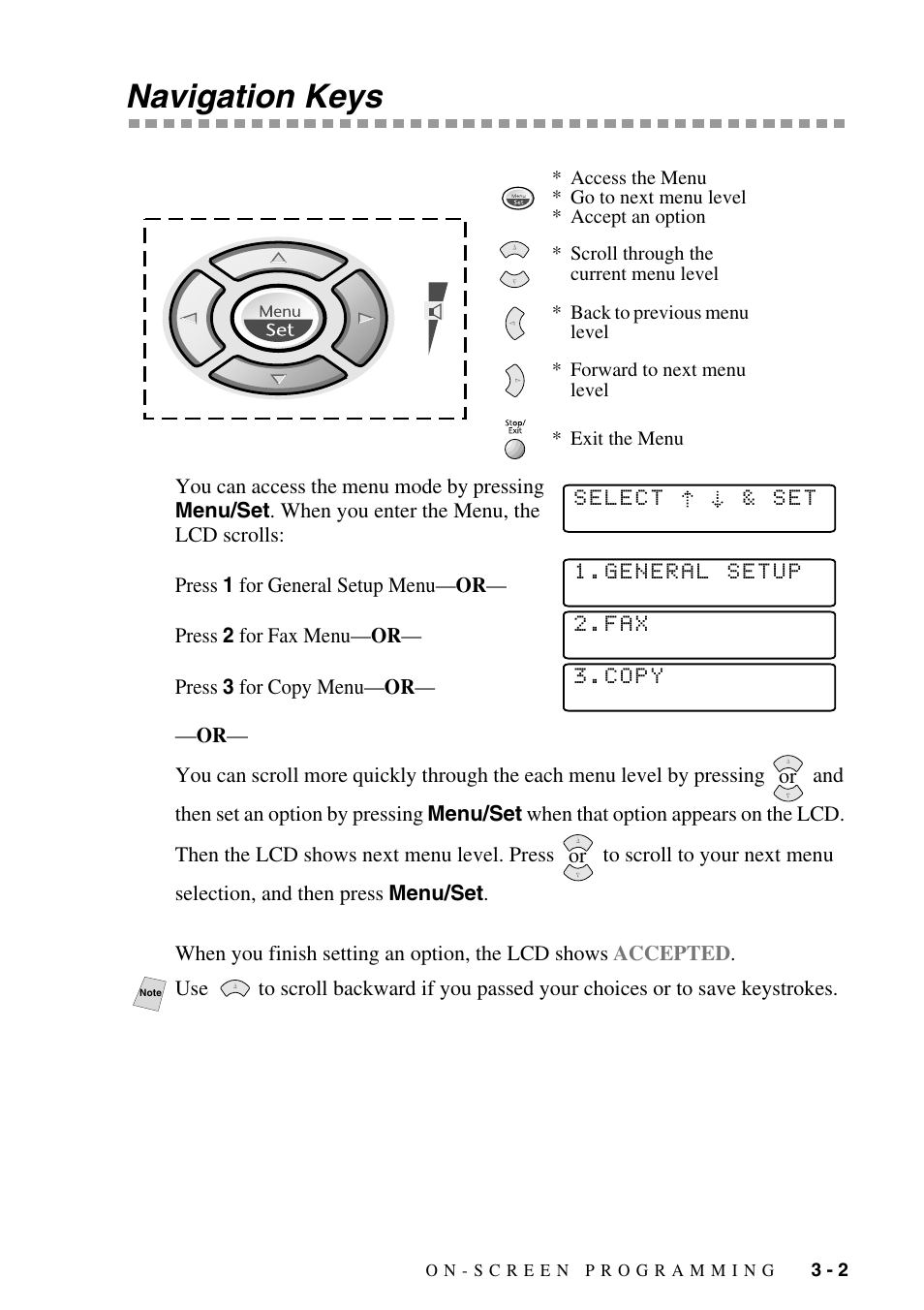 Navigation keys, Navigation keys -2 | Brother MFC-6800 User Manual | Page 43 / 222