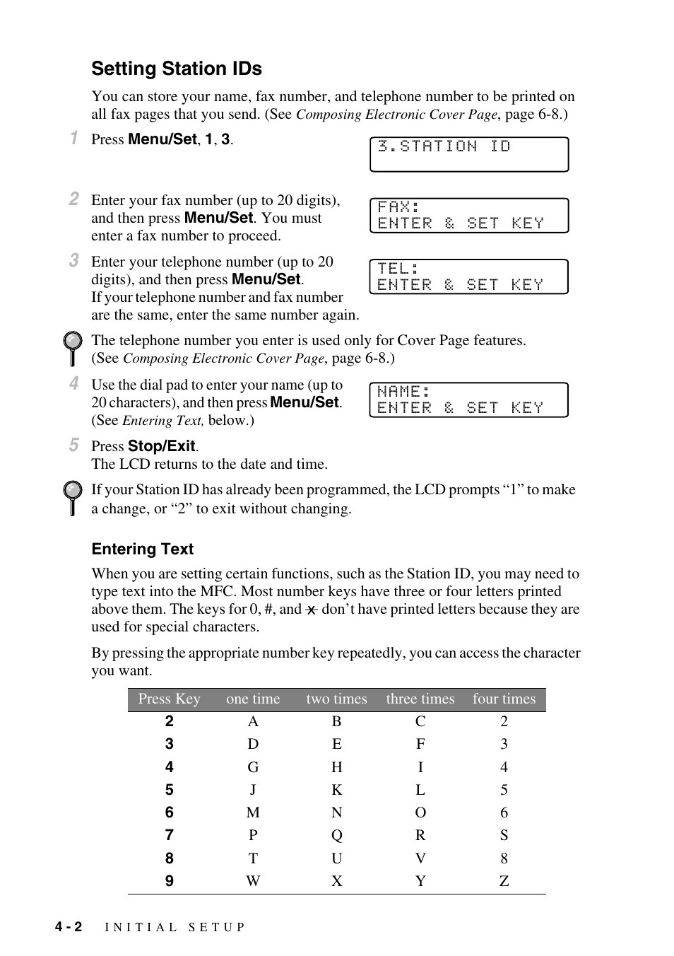 Setting station ids, Entering text, Setting station ids -2 | Entering text -2 | Brother MFC-6800 User Manual | Page 50 / 222