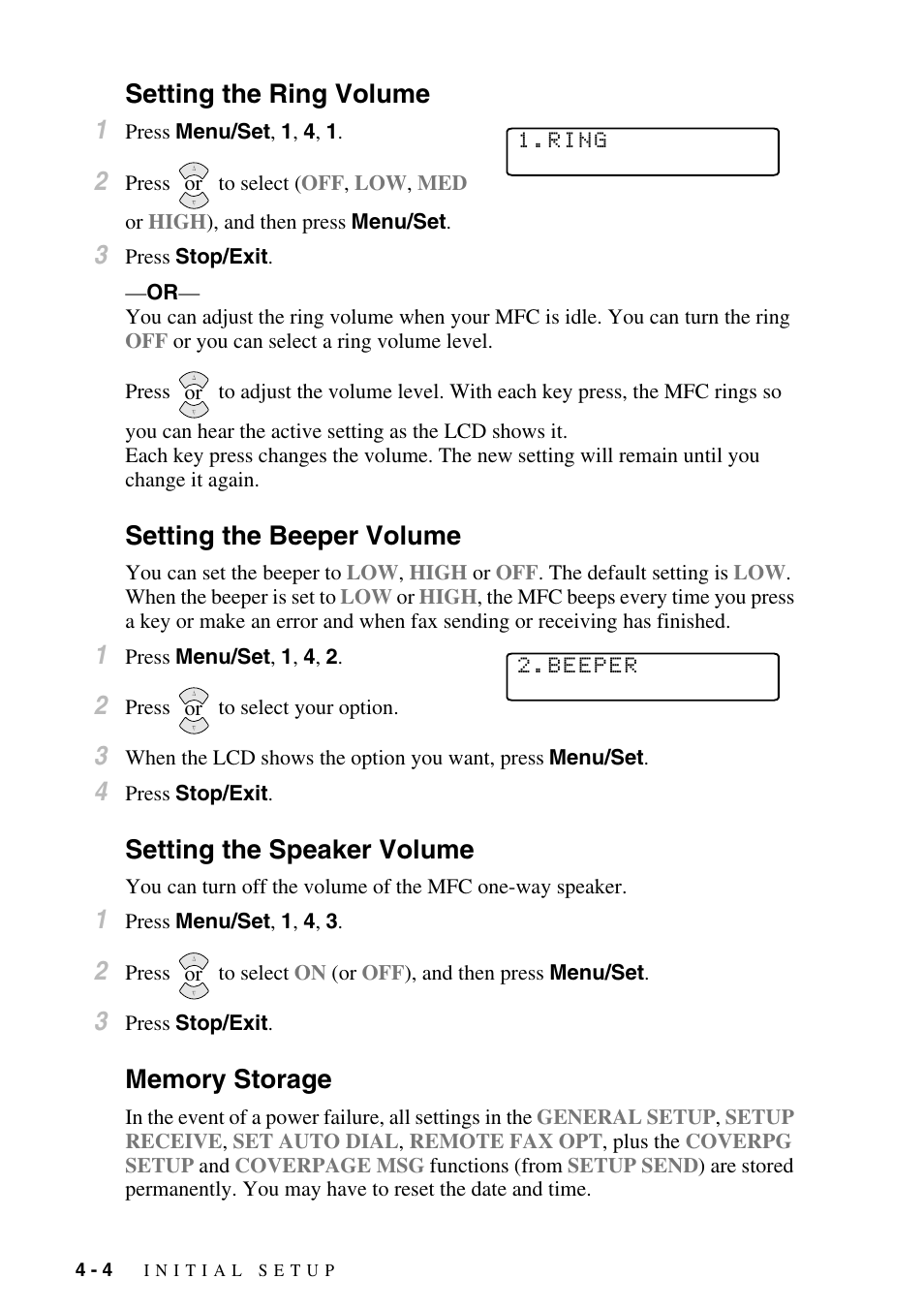 Setting the ring volume, Setting the beeper volume, Setting the speaker volume | Memory storage, Setting the ring volume 1 | Brother MFC-6800 User Manual | Page 52 / 222