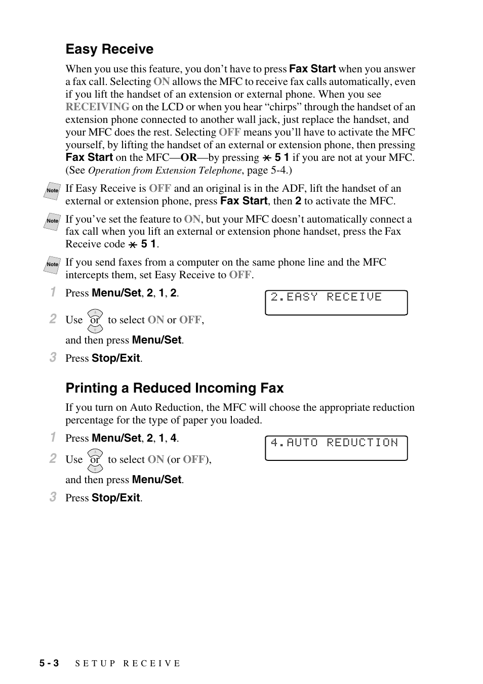 Easy receive, Printing a reduced incoming fax, Easy receive -3 printing a reduced incoming fax -3 | Rings. (see | Brother MFC-6800 User Manual | Page 56 / 222