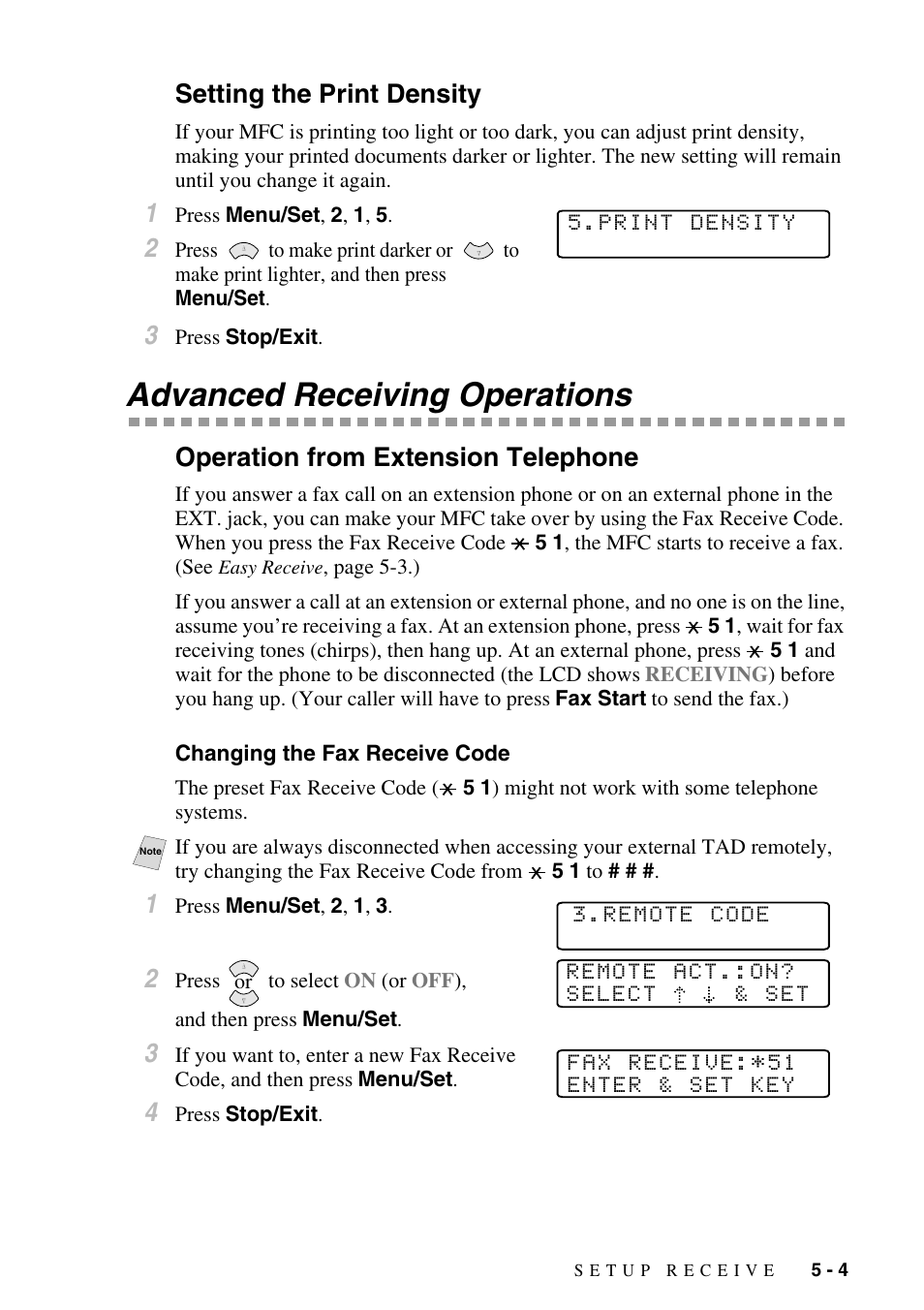 Setting the print density, Advanced receiving operations, Operation from extension telephone | Changing the fax receive code, Setting the print density -4, Advanced receiving operations -4, Operation from extension telephone -4, Changing the fax receive code -4 | Brother MFC-6800 User Manual | Page 57 / 222