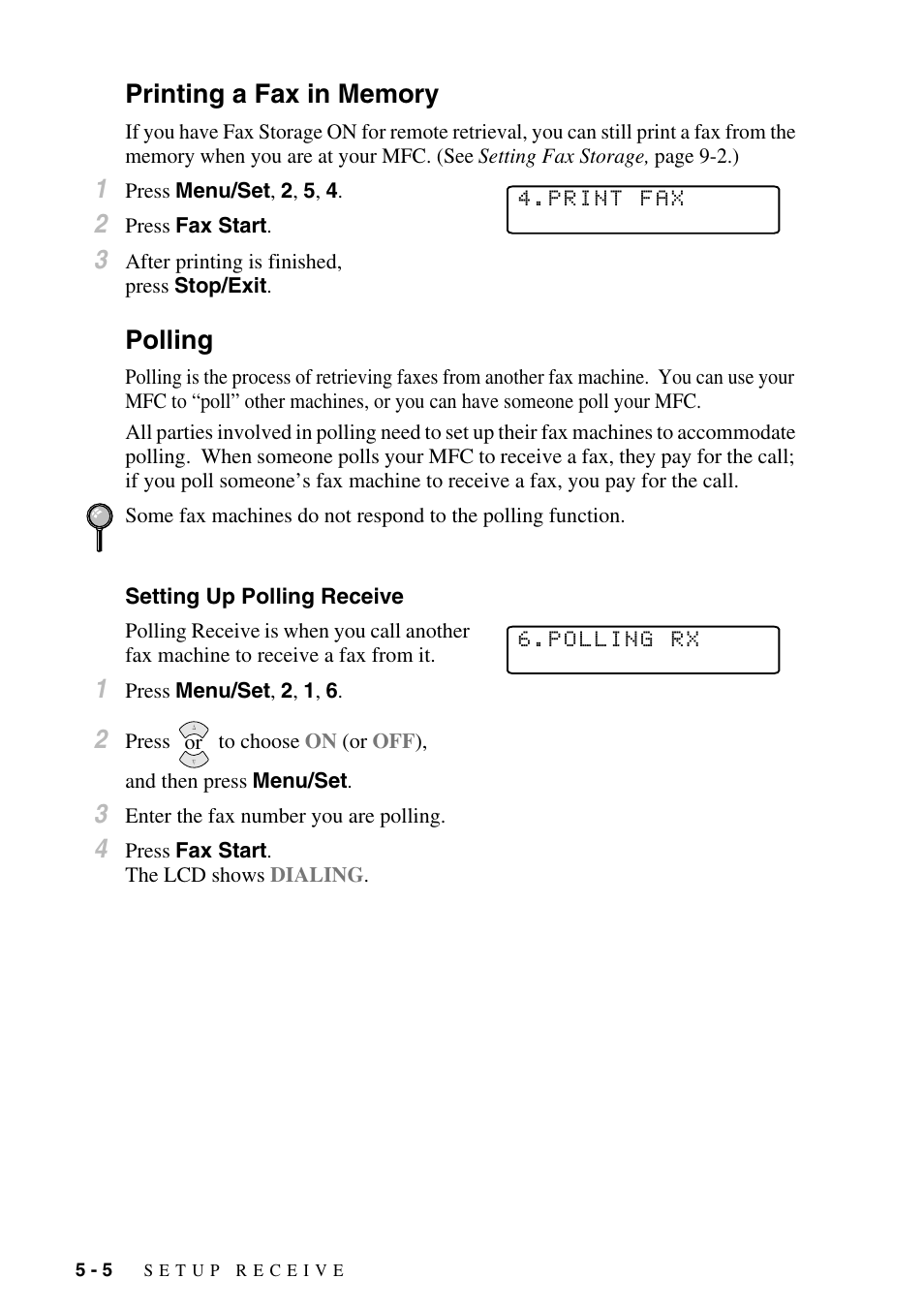 Printing a fax in memory, Polling, Setting up polling receive | Printing a fax in memory -5, Polling -5, Setting up polling receive -5 | Brother MFC-6800 User Manual | Page 58 / 222