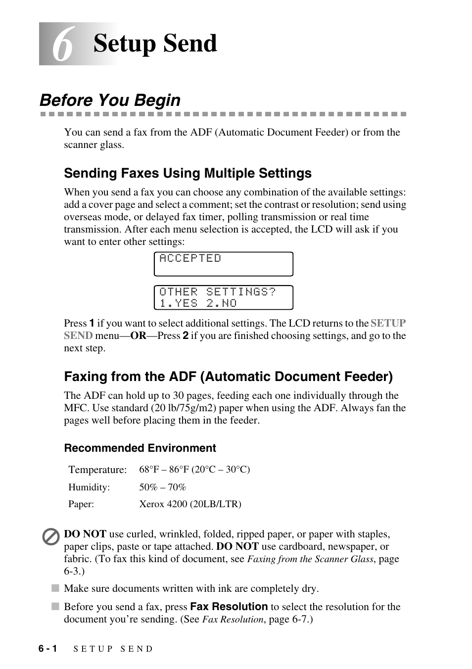 6 setup send, Before you begin, Sending faxes using multiple settings | Faxing from the adf (automatic document feeder), Setup send -1, Before you begin -1, Setup send | Brother MFC-6800 User Manual | Page 60 / 222