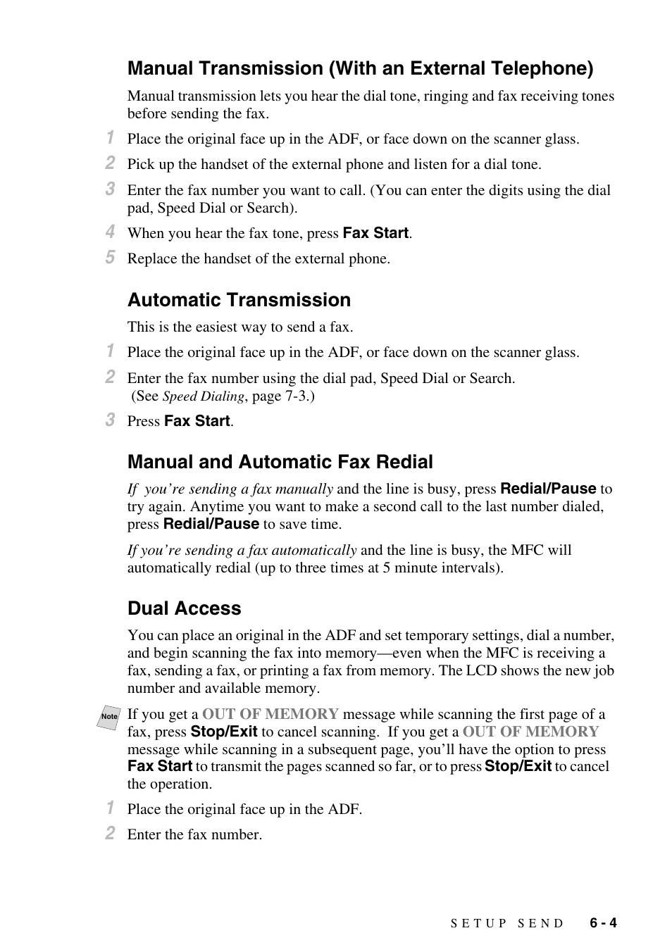 Manual transmission (with an external telephone), Automatic transmission, Manual and automatic fax redial | Dual access | Brother MFC-6800 User Manual | Page 63 / 222