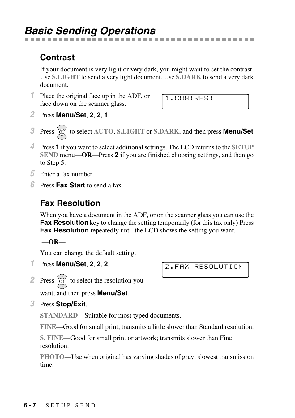 Basic sending operations, Contrast, Fax resolution | Basic sending operations -7, Contrast -7 fax resolution -7 | Brother MFC-6800 User Manual | Page 66 / 222