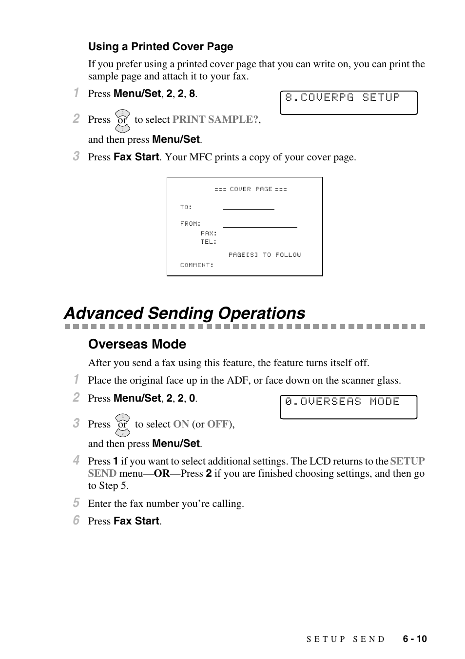 Advanced sending operations, Overseas mode, Advanced sending operations -10 | Overseas mode -10 | Brother MFC-6800 User Manual | Page 69 / 222