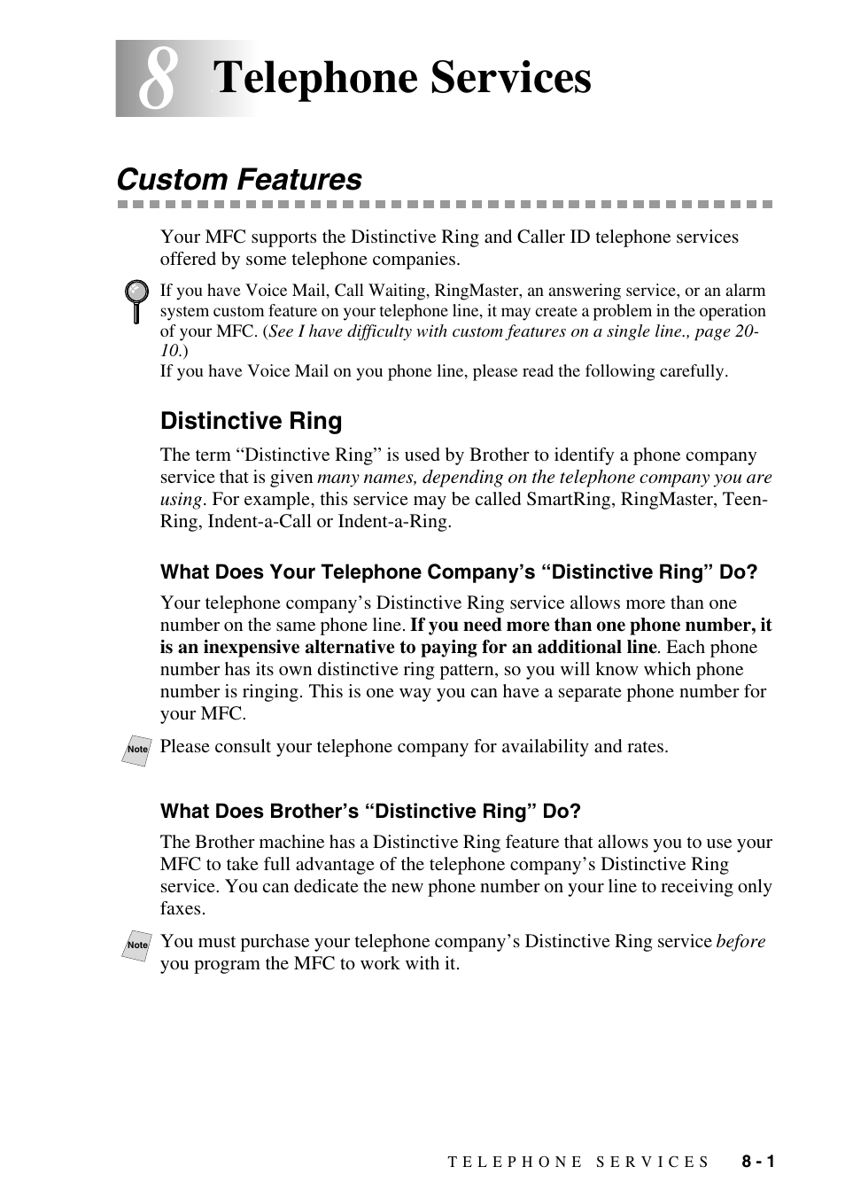 8 telephone services, Custom features, Distinctive ring | What does brother’s “distinctive ring” do, Telephone services -1, Custom features -1, Distinctive ring -1, What does your telephone company’s, Distinctive ring” do? -1, What does brother’s “distinctive ring” do? -1 | Brother MFC-6800 User Manual | Page 77 / 222