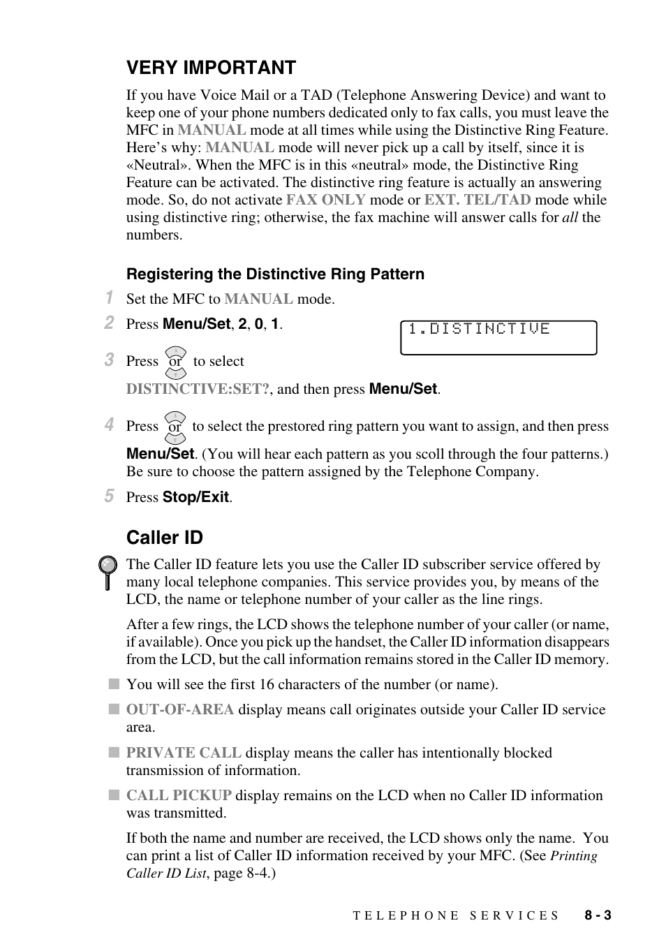 Very important, Registering the distinctive ring pattern, Caller id | Very important -3, Registering the distinctive ring pattern -3, Caller id -3 | Brother MFC-6800 User Manual | Page 79 / 222