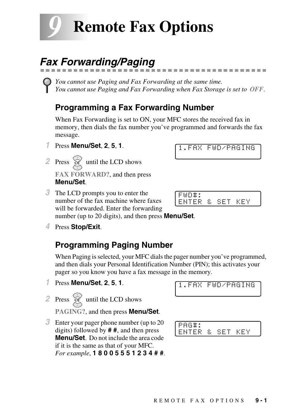 9 remote fax options, Fax forwarding/paging, Programming a fax forwarding number | Programming paging number, Remote fax options -1, Fax forwarding/paging -1, Remote fax options | Brother MFC-6800 User Manual | Page 81 / 222