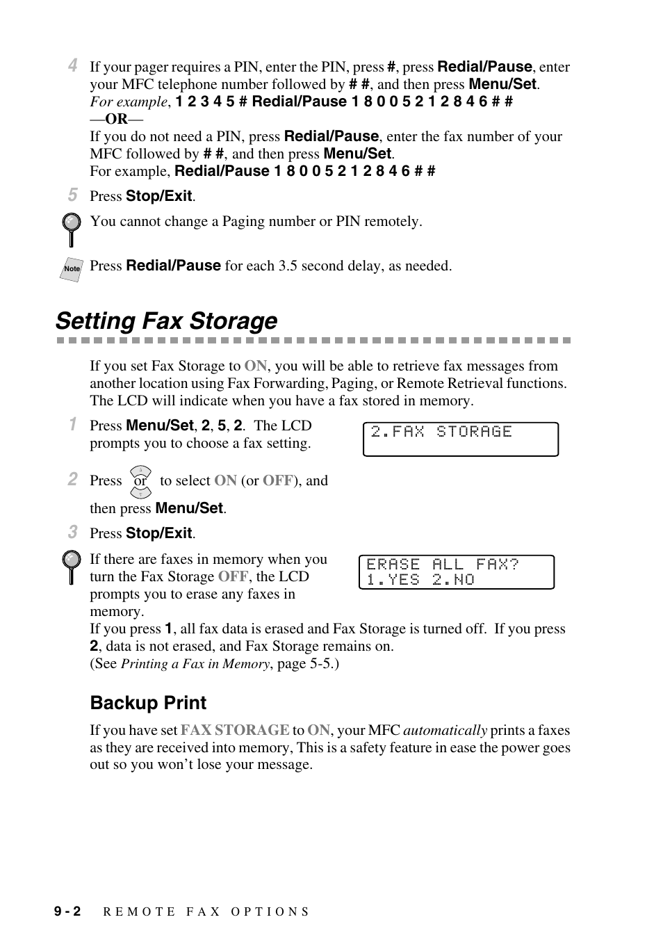 Setting fax storage, Backup print, Setting fax storage -2 | Backup print -2 | Brother MFC-6800 User Manual | Page 82 / 222