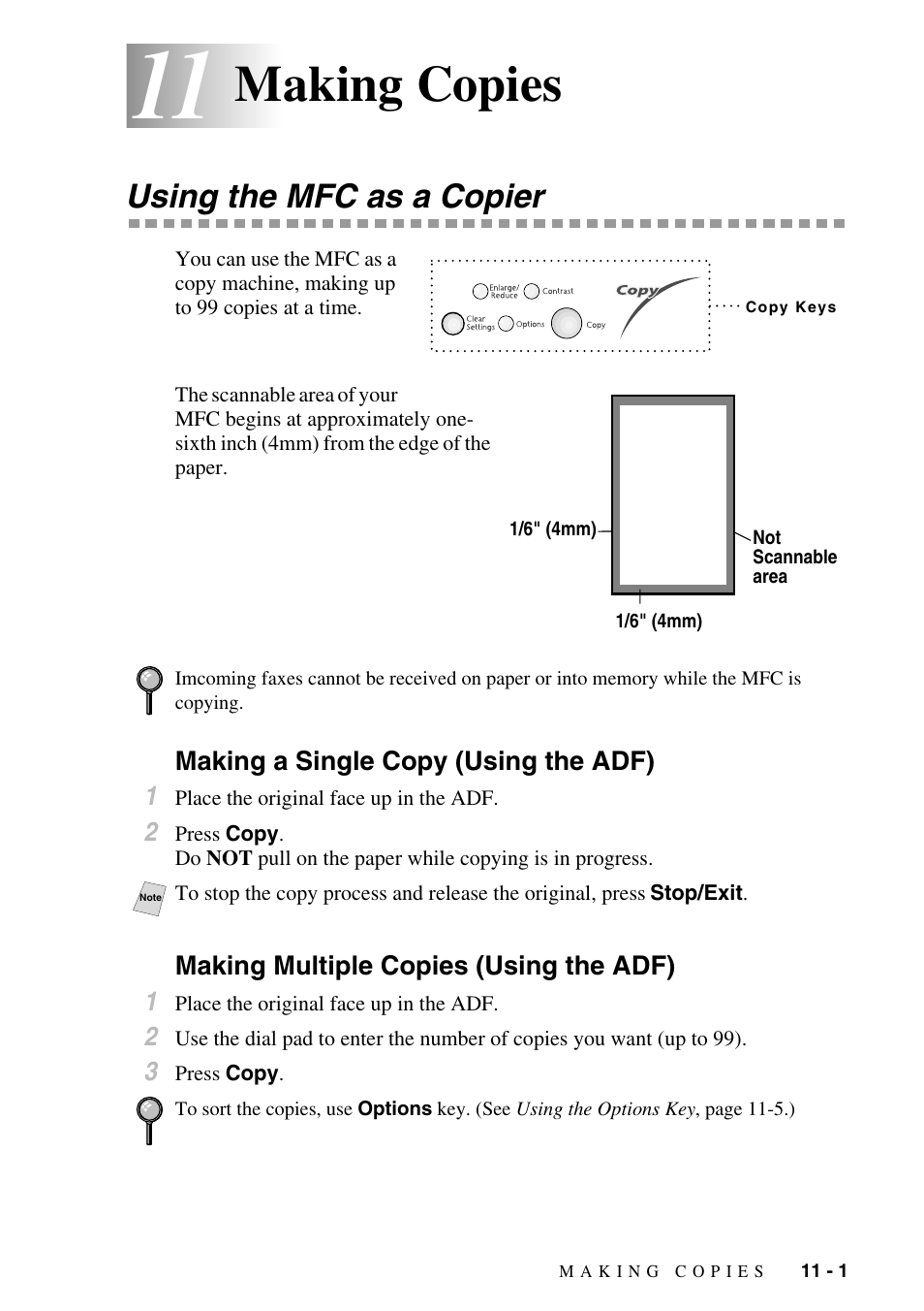 11 making copies, Using the mfc as a copier, Making a single copy (using the adf) | Making multiple copies (using the adf), Making copies -1, Using the mfc as a copier -1, Making copies | Brother MFC-6800 User Manual | Page 89 / 222