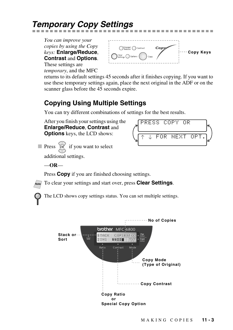 Temporary copy settings, Copying using multiple settings, Temporary copy settings -3 | Copying using multiple settings -3, For next opt. press copy or | Brother MFC-6800 User Manual | Page 91 / 222