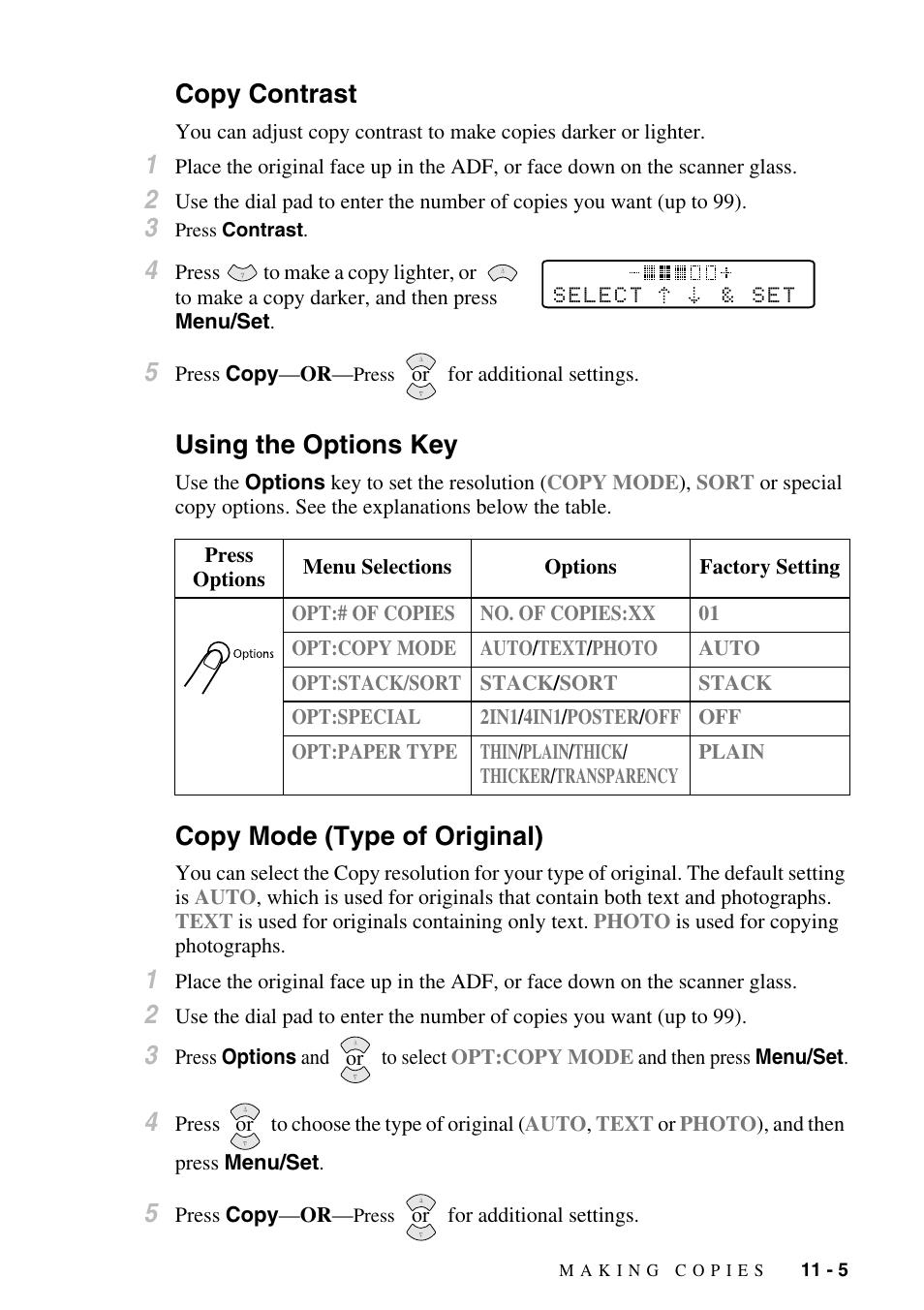 Copy contrast, Using the options key, Copy mode (type of original) | Brother MFC-6800 User Manual | Page 93 / 222