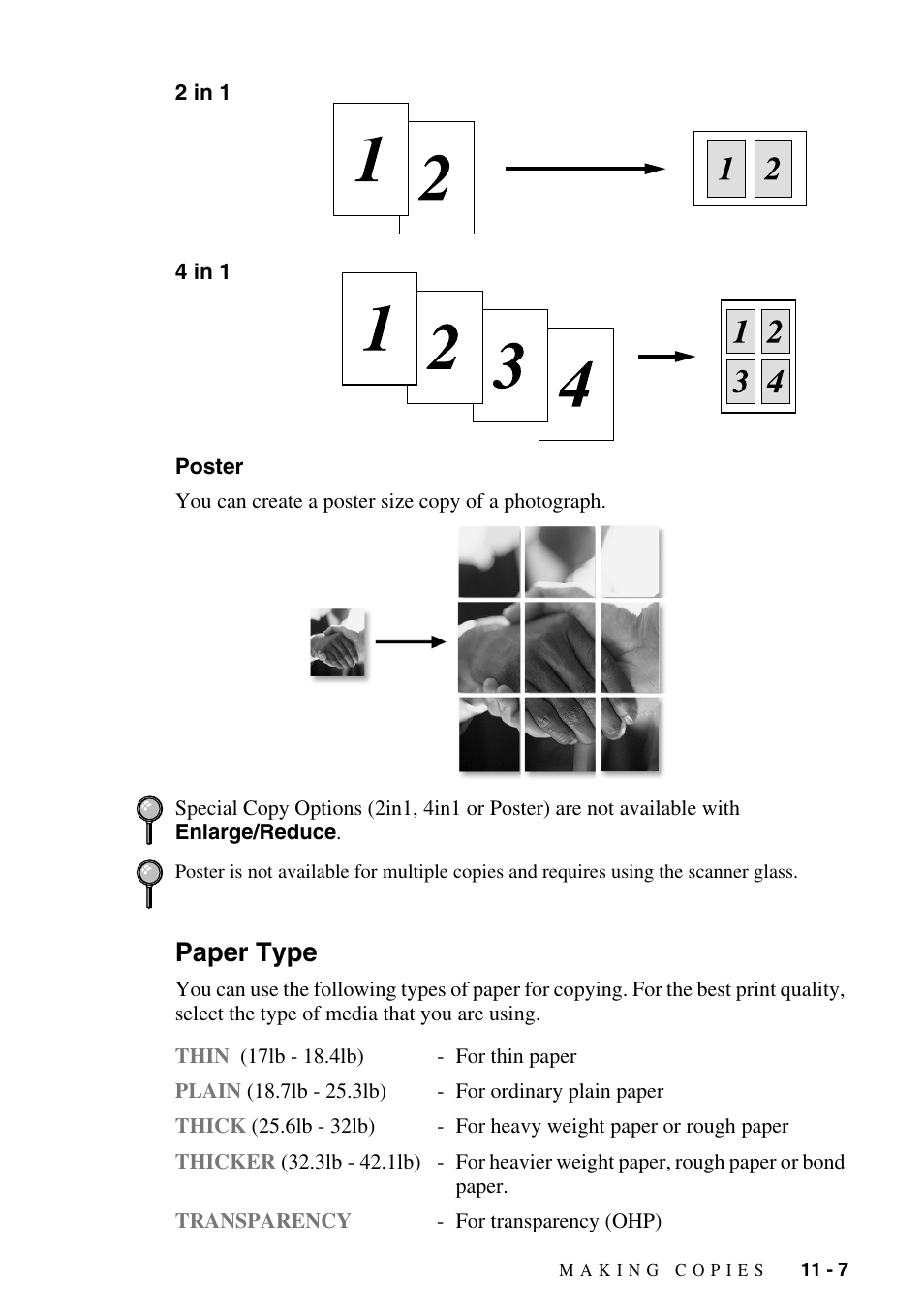 2 in 1, 4 in 1, Poster | Paper type, 2 in 1 -7 4 in 1 -7 poster -7, Paper type -7 | Brother MFC-6800 User Manual | Page 95 / 222