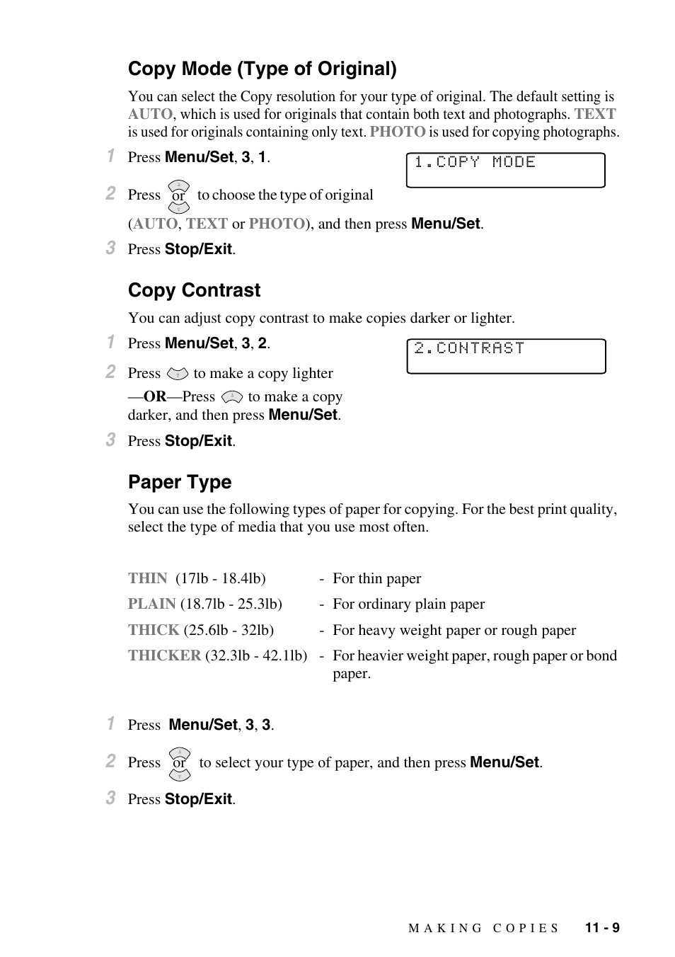 Copy mode (type of original), Copy contrast, Paper type | Brother MFC-6800 User Manual | Page 97 / 222